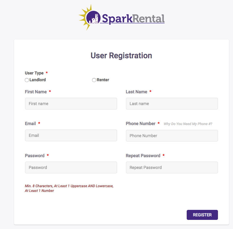 SparkRental User Registration