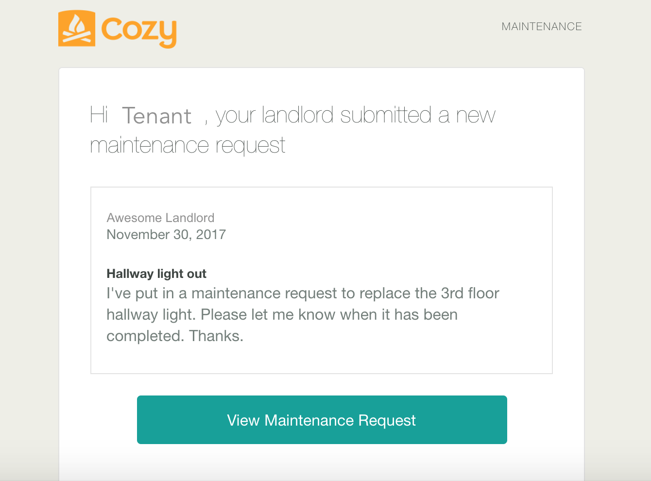 Cozy Maintenance Requests Email to Tenant