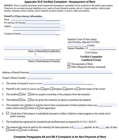 New Jersey Eviction Complaint Form