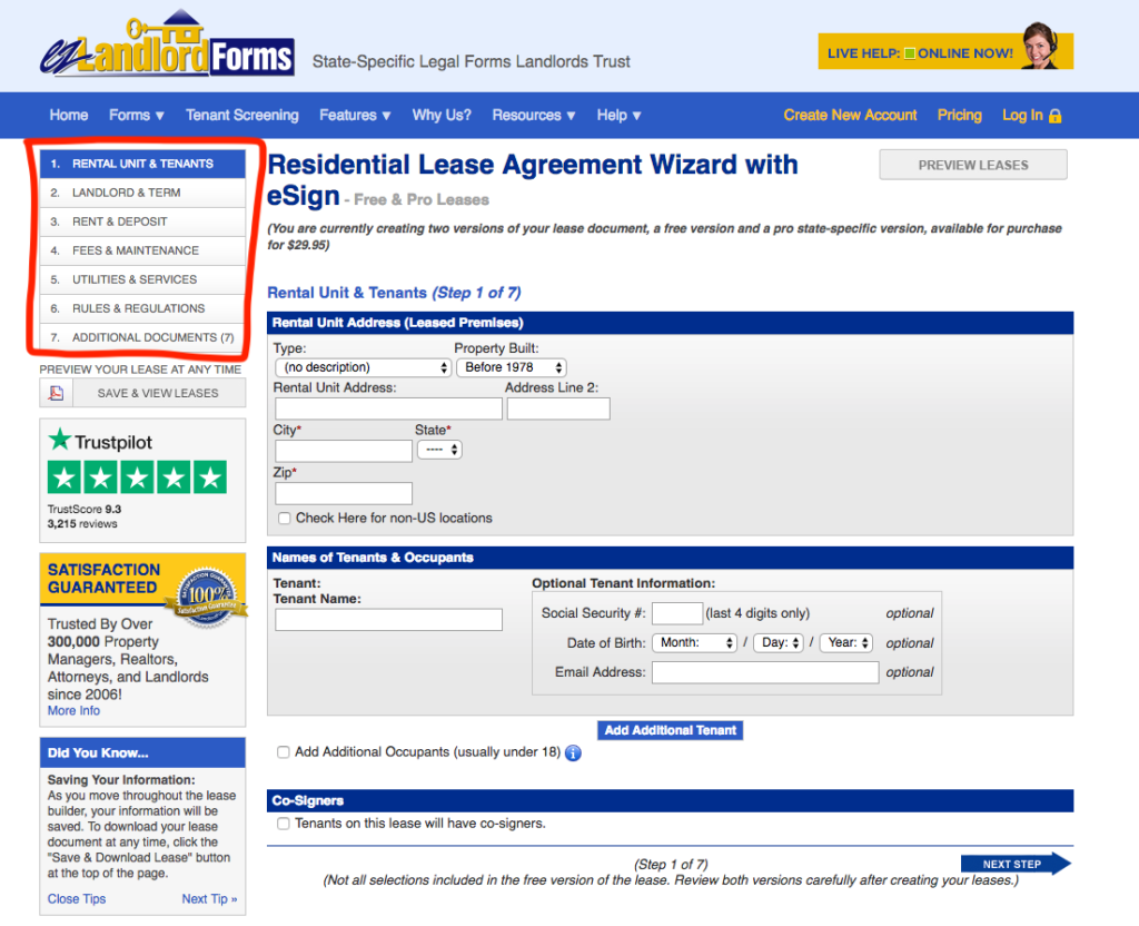 EZ Landlord Forms Lease Wizard Step 1