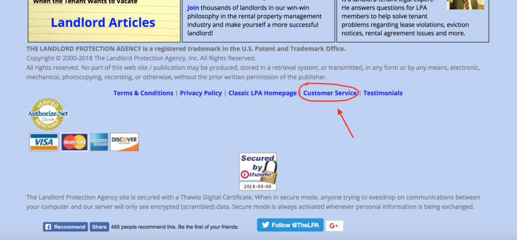 LPA Customer Service Link Highlighted