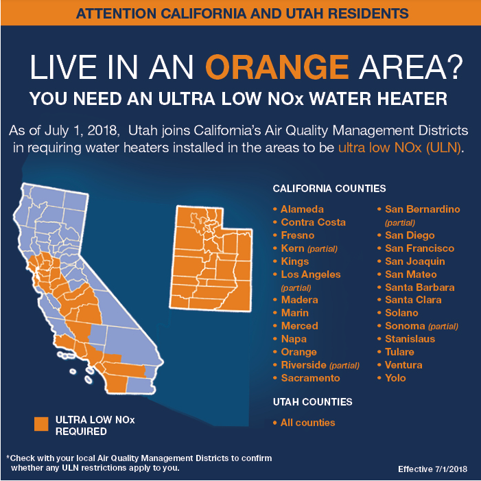 Map of US areas that require ULN hot water heaters 