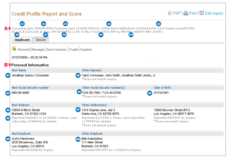 Sample tenant credit report identifying information from Experian