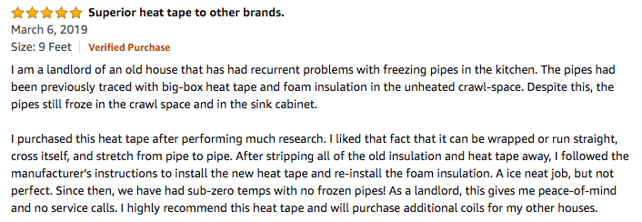 landlord review for heat cable to prevent frozen pipes