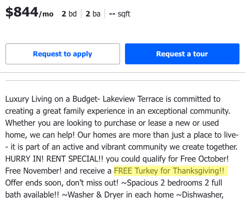 Rental Ad listing amenities including a free turkey