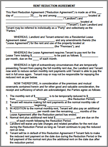 Rent Relief Rent Reduction Agreement Form