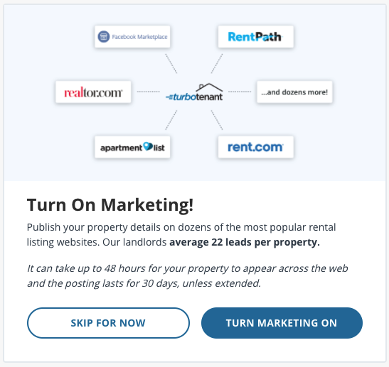 Turn on marketing Turbo tenant rental listing site publishing