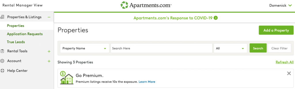 Apartments.com Rental Manager View dashboard